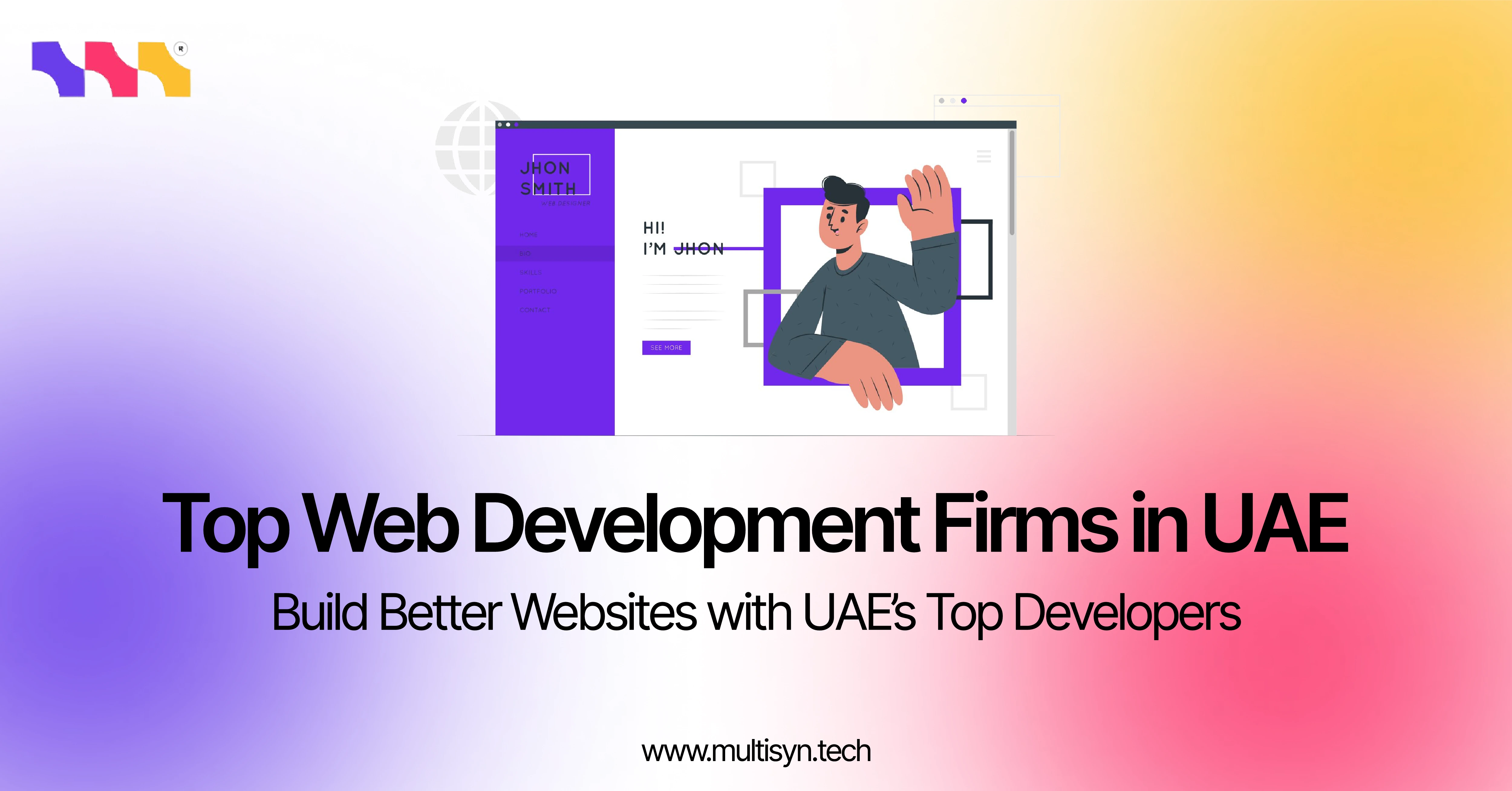 Illustration of a web designer and website interface with the text “Top Web Development Firms in UAE” promoting top UAE web development companies.