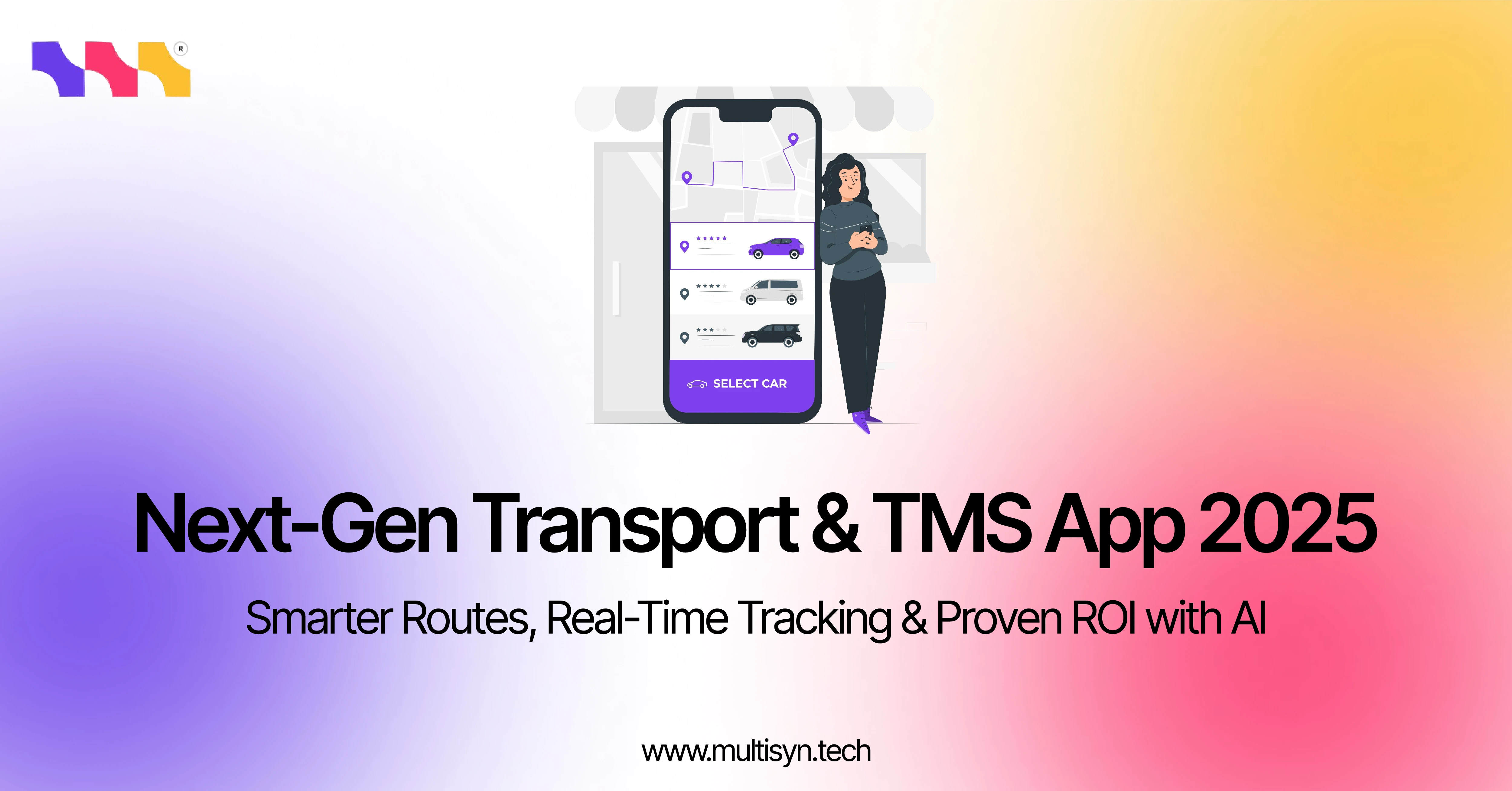 Illustration of a powerful next-gen transport & TMS app interface for 2025, highlighting smart route planning, real-time tracking, and AI-driven ROI gains.